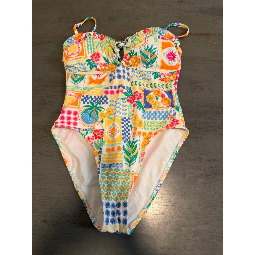 Time and Tru Womens Tropical Patchwork One Piece Swimsuit Floral Ruffle L 12-14